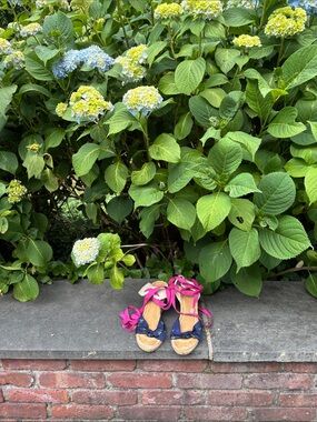 J. Crew Navy Espadrille Wedge Sandals with Bright Pink Ankle Ties